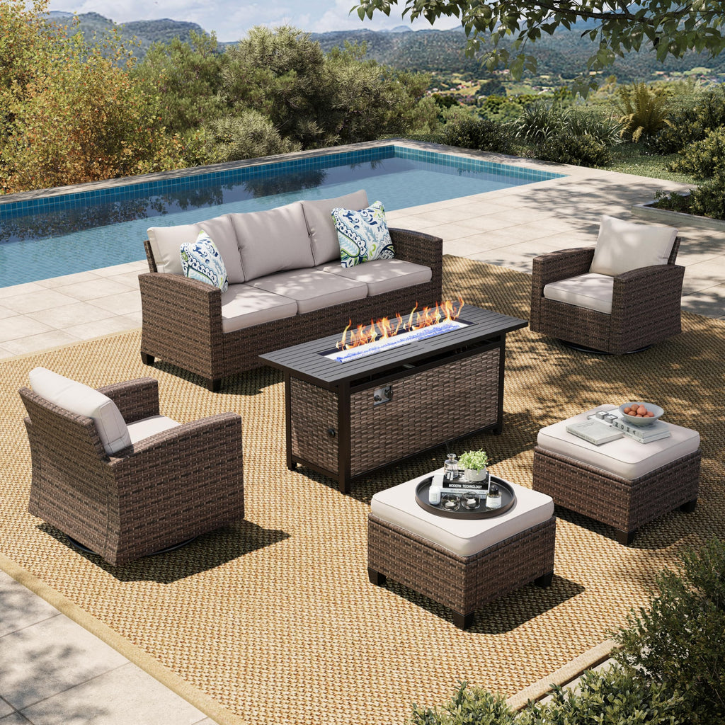 Swivel Glide Patio Furniture Set with 56" Fire Pit Table, 6 Pieces Outdoor Wicker Sectional Conversation Sofa Sets for Lawn Backyard Deck, Beige