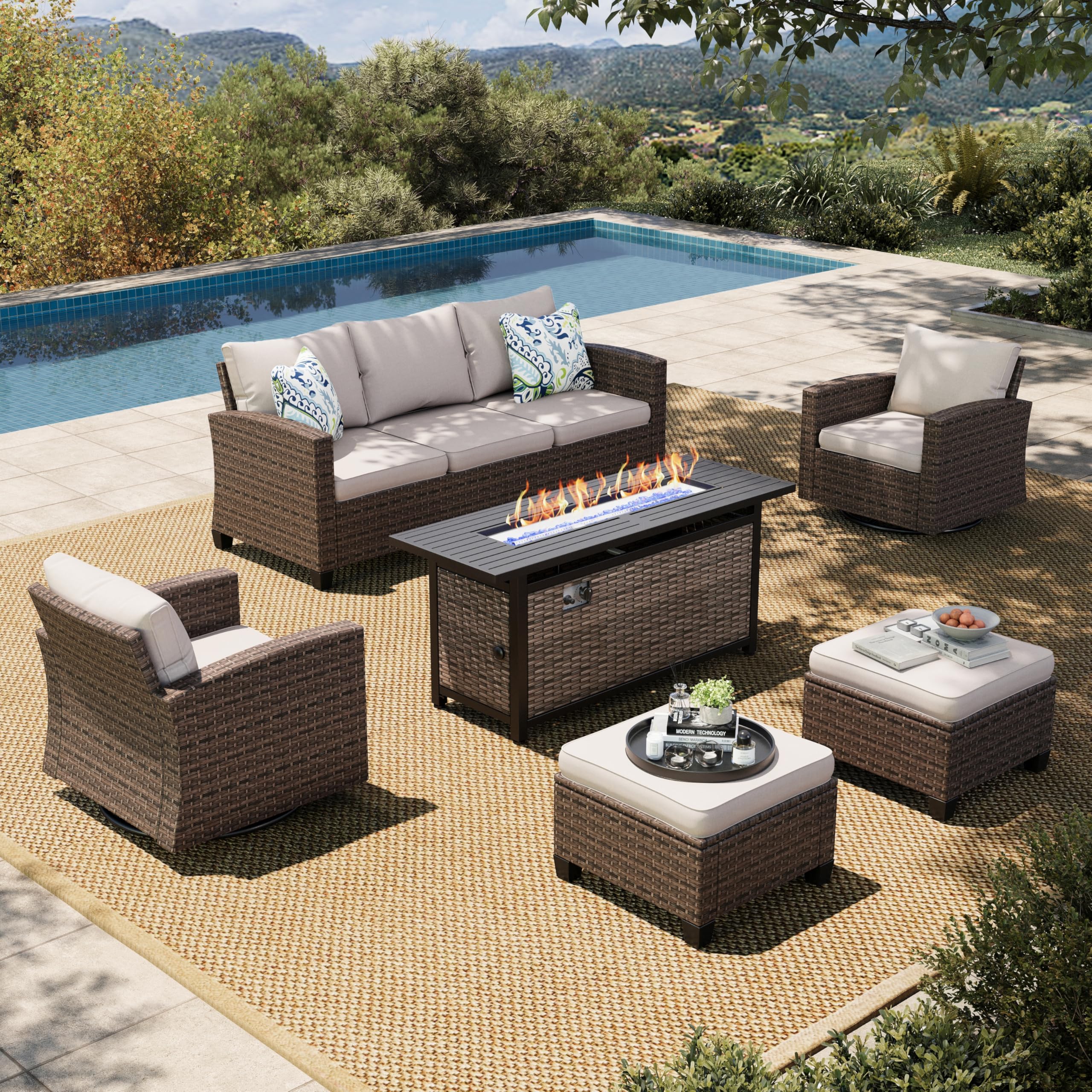 Swivel Glide Patio Furniture Set with 56" Fire Pit Table, 6 Pieces Outdoor Wicker Sectional Conversation Sofa Sets for Lawn Backyard Deck, Beige