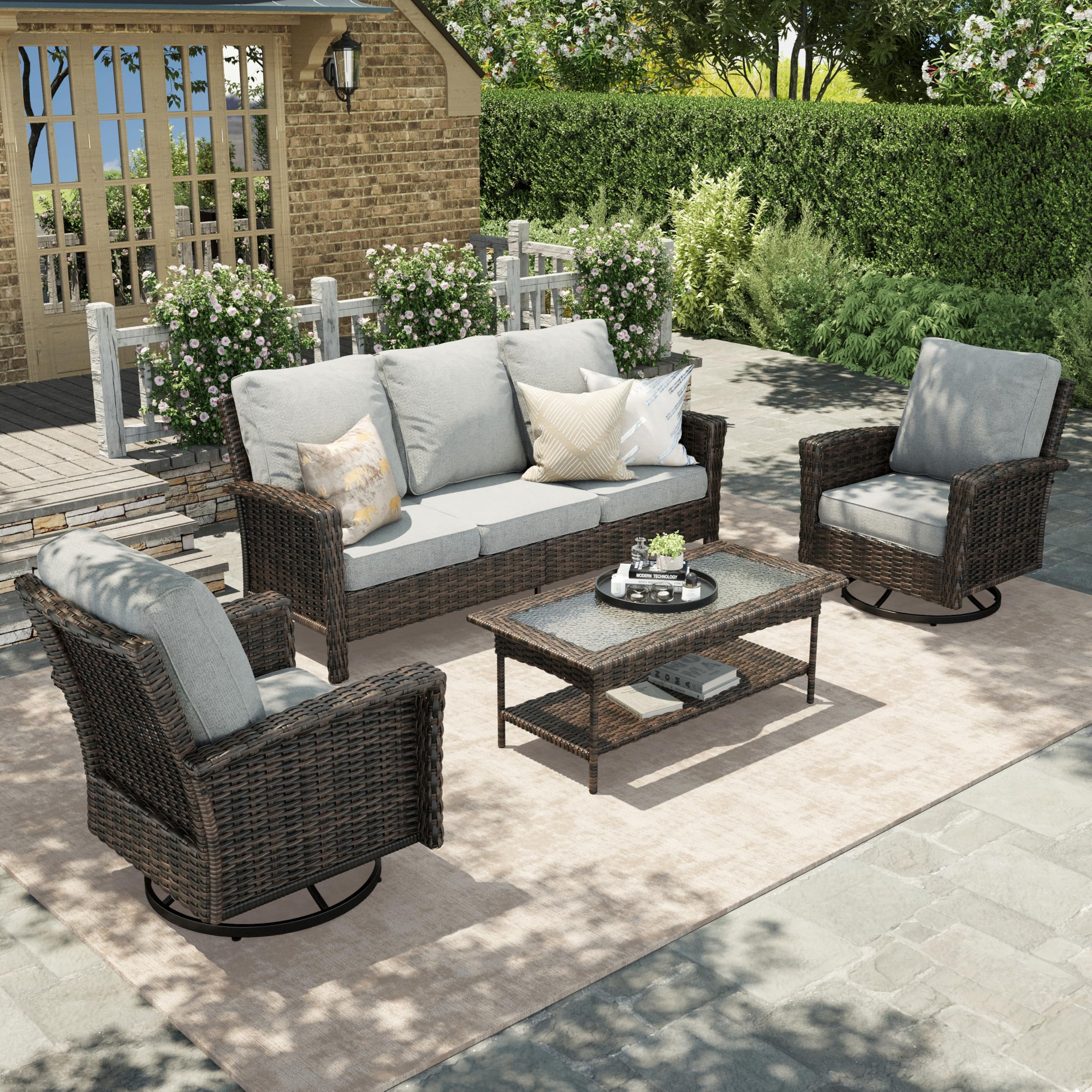 Gray Patio Furniture Set with High Back Swivel Chairs, Comfy Outdoor Wicker Conversation Sofa Sets with 5.5" Waterproof Cushions for Deck Lawn Backyard