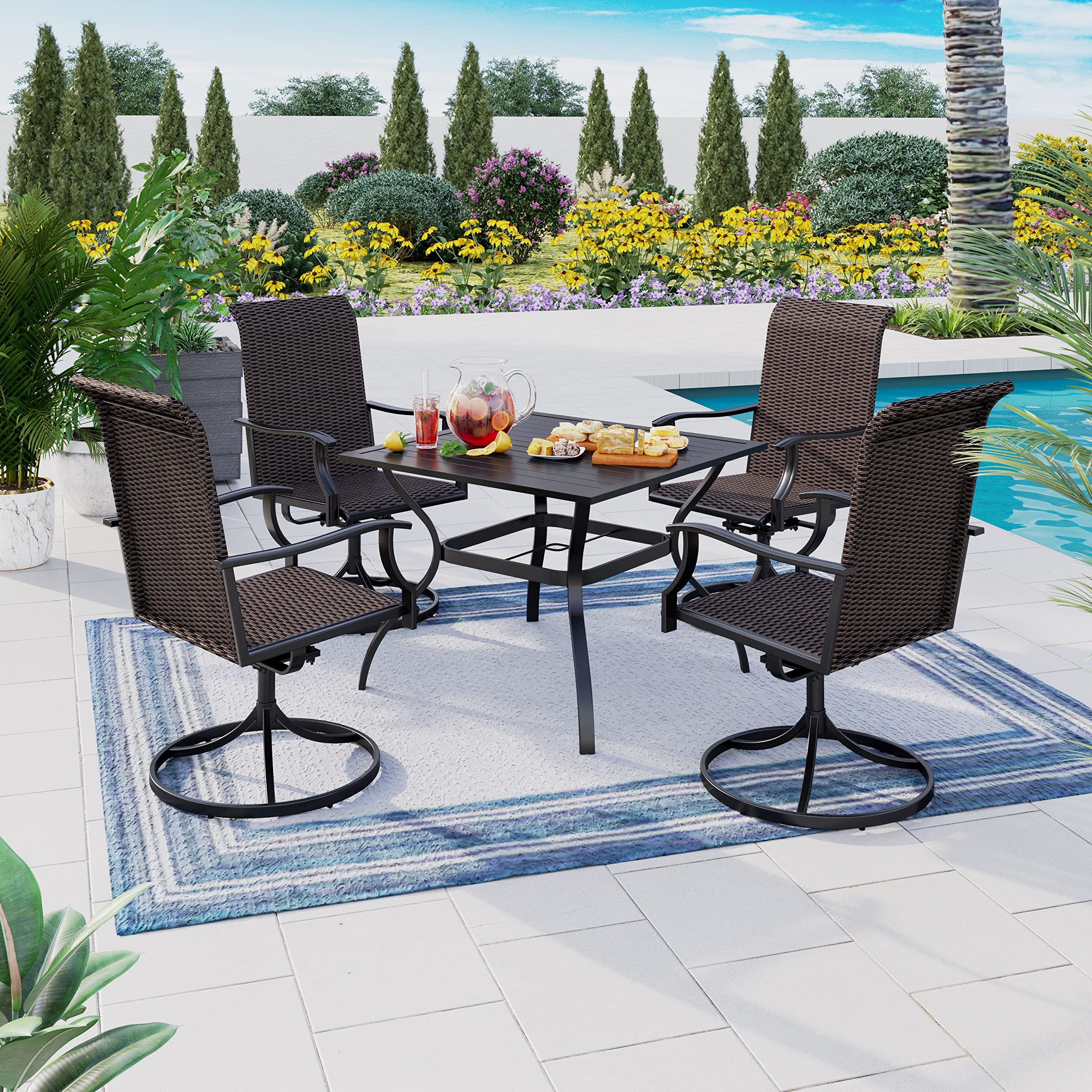 5 Pieces Patio Dining Set, Outdoor Dining Set for 4, 4 x Swivel Rattan Dining Chair, 1 x 37” Square Metal Dining Table, for Lawn Garden Backyard Deck