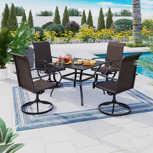 5 Pieces Patio Dining Set, Outdoor Dining Set for 4, 4 x Swivel Rattan Dining Chair, 1 x 37” Square Metal Dining Table, for Lawn Garden Backyard Deck