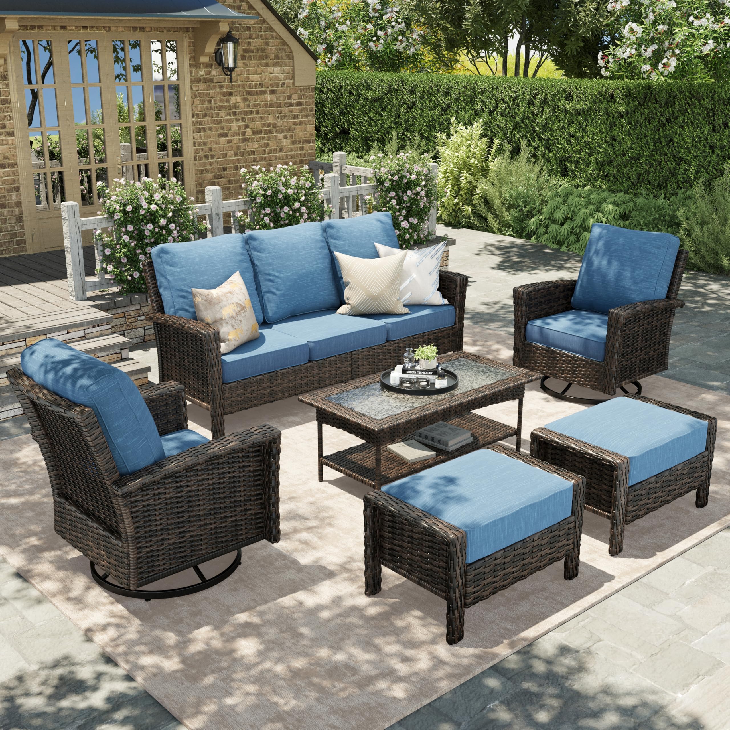 High Back Patio Furniture Set with Swivel Chairs, All Weather Outdoor Wicker Sofa Set, 6 Pieces Patio Conversation Sets with 5.5