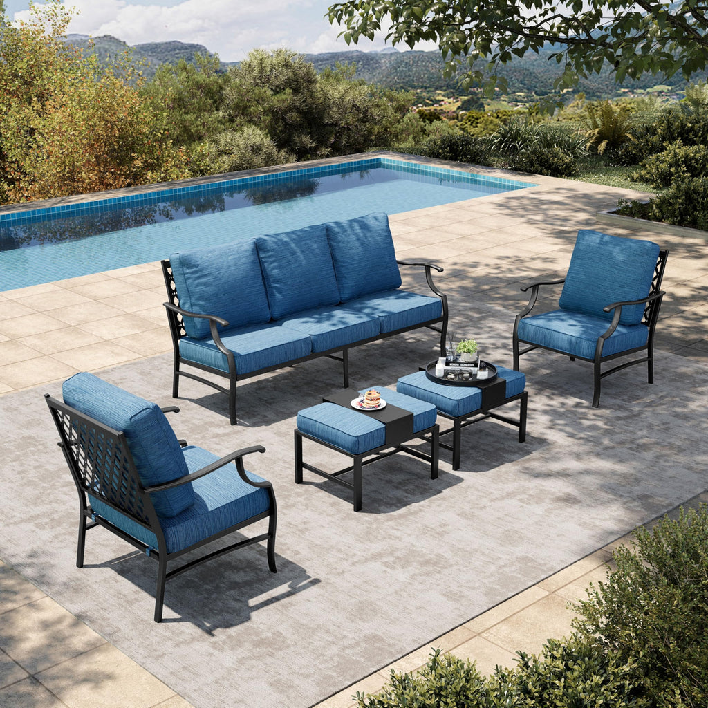 5 Piece Patio Furniture Set, 2 x Leg Chair, 2 x Ottoman, 1 x 3-Seat Sofa, All Cushioned 7 Seats Metal Outdoor Conversation Set for Lawn Garden Backyard