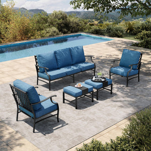 5 Piece Patio Furniture Set, 2 x Leg Chair, 2 x Ottoman, 1 x 3-Seat Sofa, All Cushioned 7 Seats Metal Outdoor Conversation Set for Lawn Garden Backyard