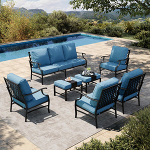 7 Piece Patio Furniture Set, 4 x Leg Chair, 2 x Cushioned Ottoman, 1 x 3-Seat Sofa, All Cushioned 9 Seats Metal Outdoor Conversation Set for Lawn Garden Backyard