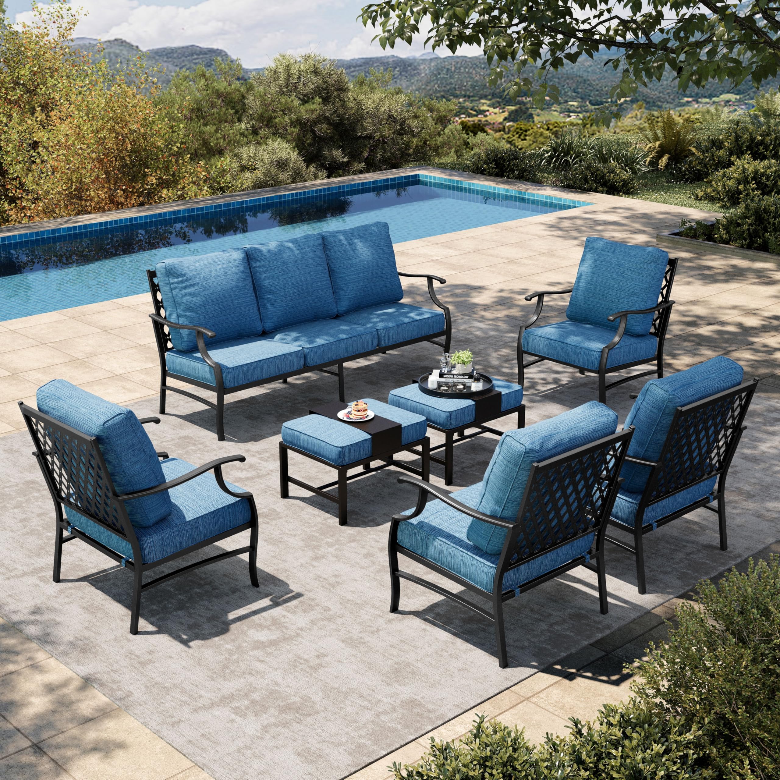 7 Piece Patio Furniture Set, 4 x Leg Chair, 2 x Cushioned Ottoman, 1 x 3-Seat Sofa, All Cushioned 9 Seats Metal Outdoor Conversation Set for Lawn Garden Backyard