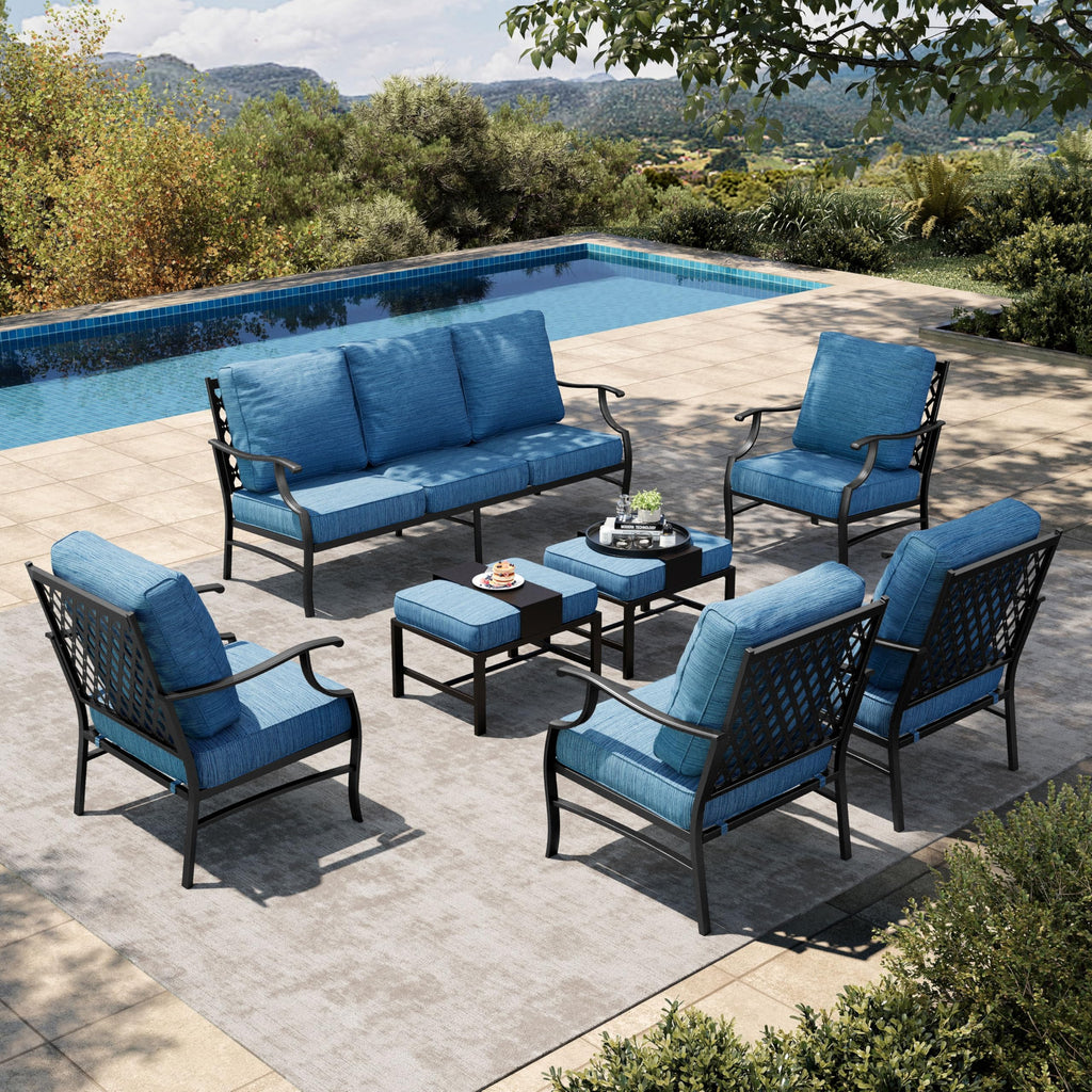 7 Piece Patio Furniture Set, 4 x Leg Chair, 2 x Cushioned Ottoman, 1 x 3-Seat Sofa, All Cushioned 9 Seats Metal Outdoor Conversation Set for Lawn Garden Backyard