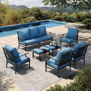 7 Piece Patio Furniture Set, 4 x Leg Chair, 2 x Cushioned Ottoman, 1 x 3-Seat Sofa, All Cushioned 9 Seats Metal Outdoor Conversation Set for Lawn Garden Backyard