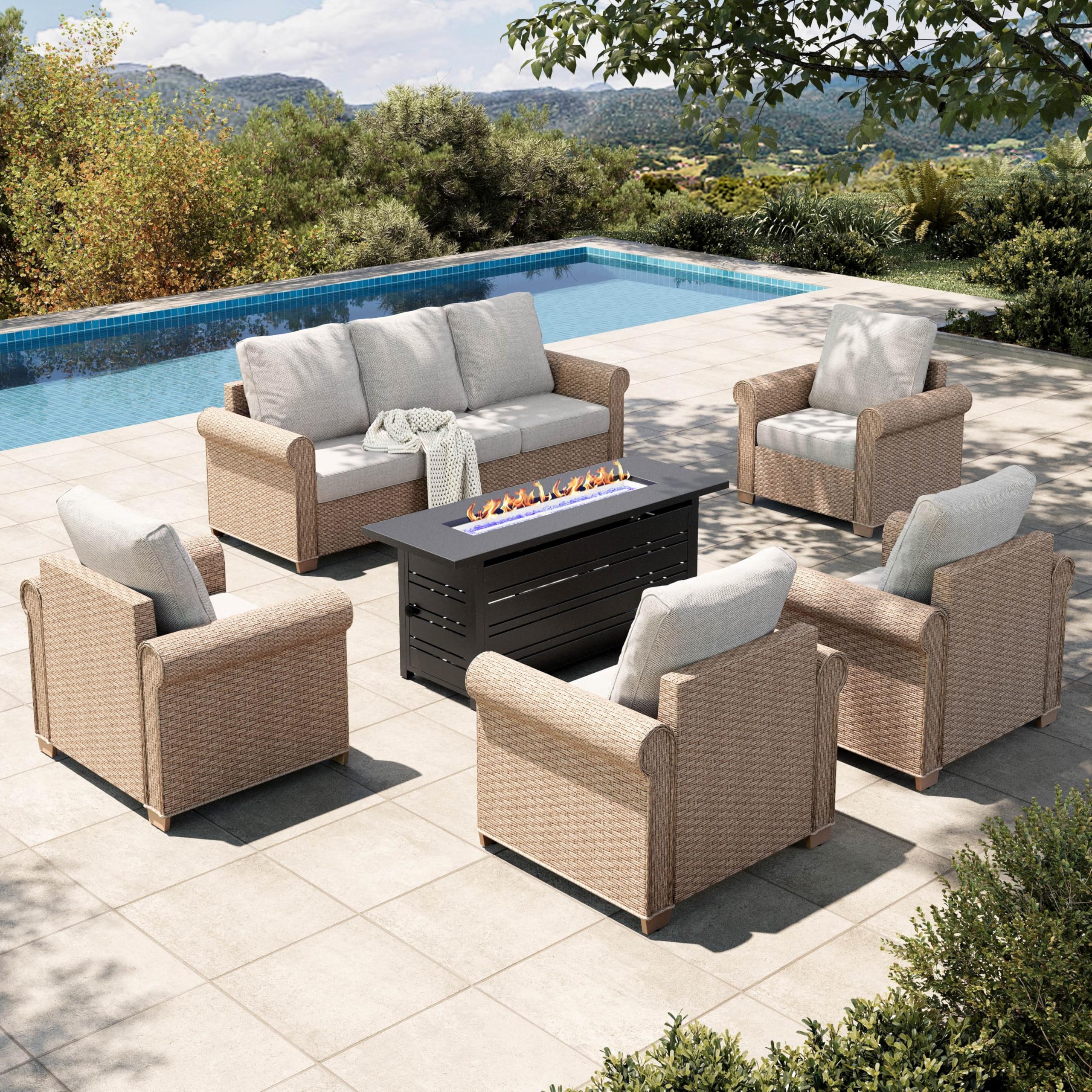6-Piece Patio Furniture Set, All Weather 7 Seats Outdoor Wicker Sofa with 57