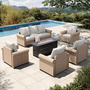 6-Piece Patio Furniture Set, All Weather 7 Seats Outdoor Wicker Sofa with 57