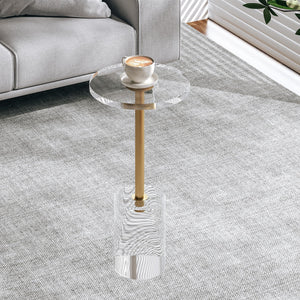 Clear Acrylic End Table, Modern Minimalist Round Side Table with Solid Base for Living Room, Bedroom, and Office, 12x12 inch, Easy Assembly, Transparent Design, Brushed Brass Metal Accent
