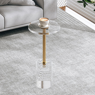 Clear Acrylic End Table, Modern Minimalist Round Side Table with Solid Base for Living Room, Bedroom, and Office, 12x12 inch, Easy Assembly, Transparent Design, Brushed Brass Metal Accent