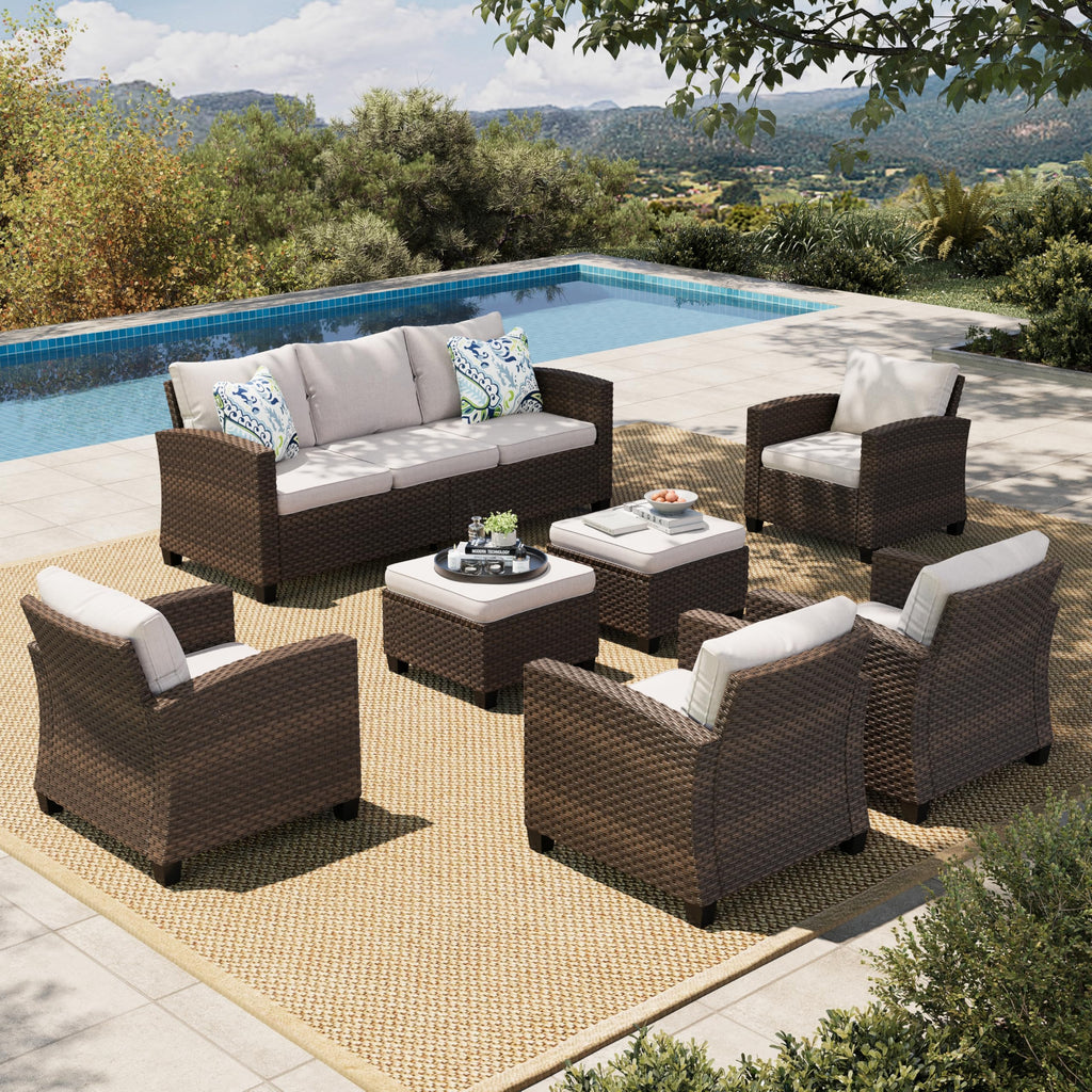 Wicker Patio Furniture Set, 7 Pieces Outdoor Seating Furniture, Patio Conversation Sofa Sets with Ottomans for Backyard Lawn Deck, Beige