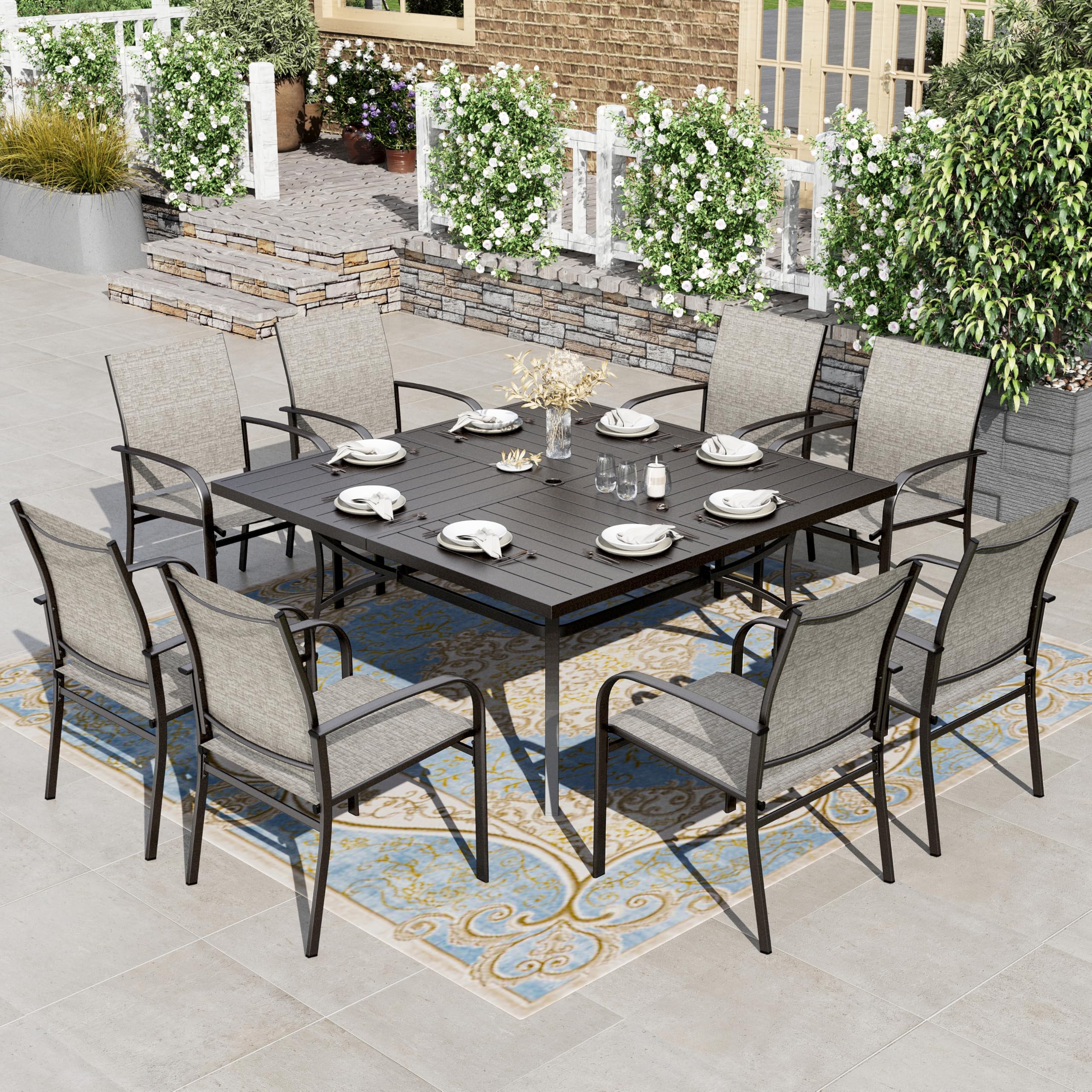 9 Pieces Patio Dining Set, Outdoor Table and Chairs Set for 8, 8 x Brown Textilene Dining Chair and 60