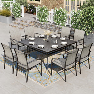 9 Pieces Patio Dining Set, Outdoor Table and Chairs Set for 8, 8 x Brown Textilene Dining Chair and 60
