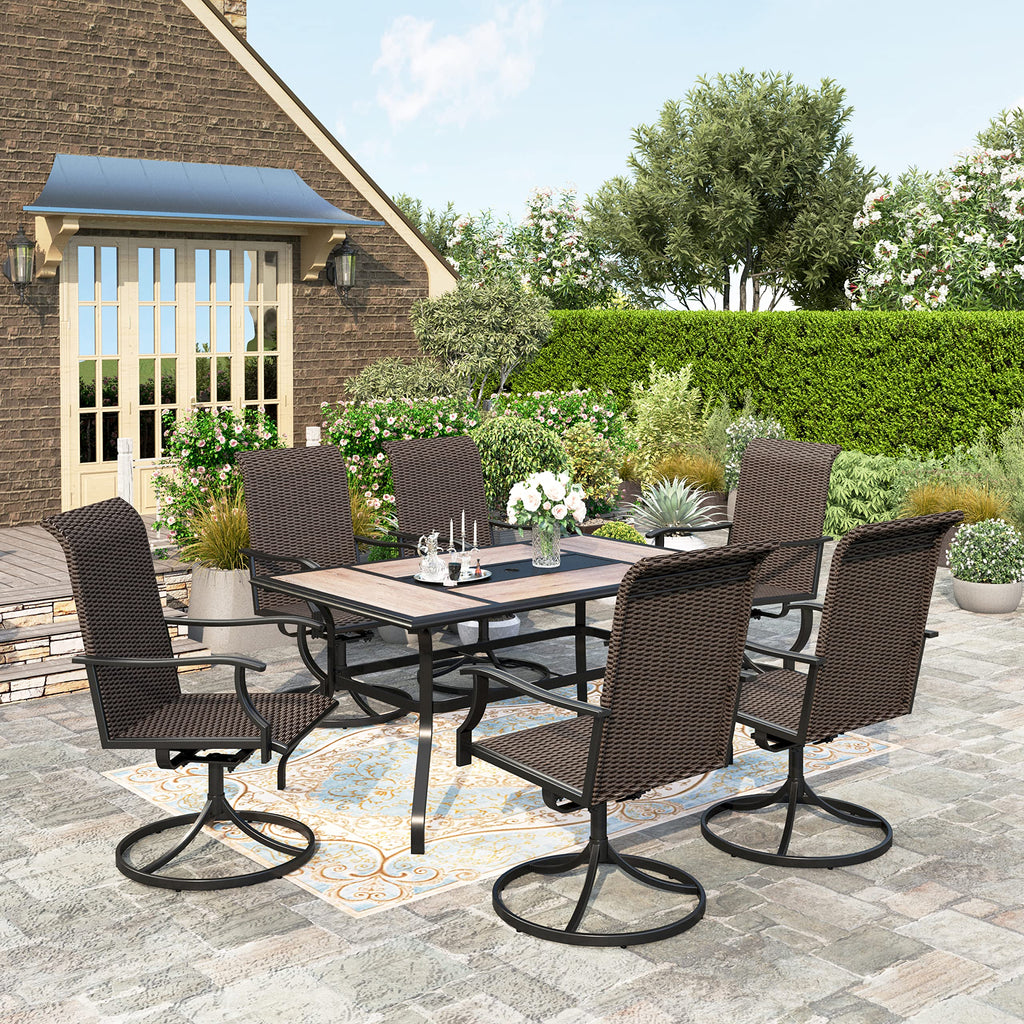 7 Pieces Patio Dining Set, Rattan Outdoor Furniture Set for 6, 6 x Swivel Dining Chair, 1 x Large Surface Wood Like Dining Table, All Weather Resistant for Lawn Garden Backyard Deck