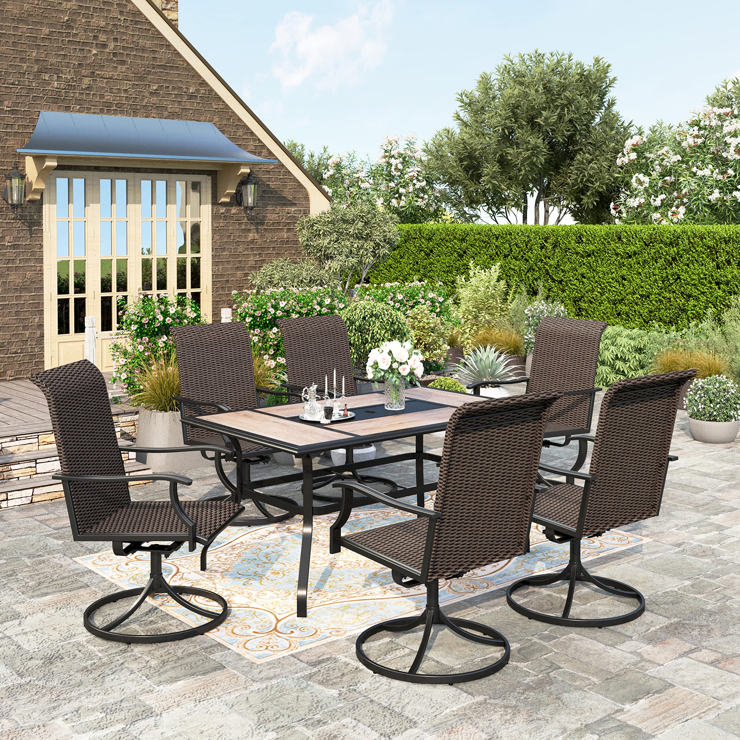 7 Pieces Patio Dining Set, Rattan Outdoor Furniture Set for 6, 6 x Swivel Dining Chair, 1 x Large Surface Wood Like Dining Table, All Weather Resistant for Lawn Garden Backyard Deck