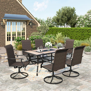 7 Pieces Patio Dining Set, Rattan Outdoor Furniture Set for 6, 6 x Swivel Dining Chair, 1 x Large Surface Wood Like Dining Table, All Weather Resistant for Lawn Garden Backyard Deck