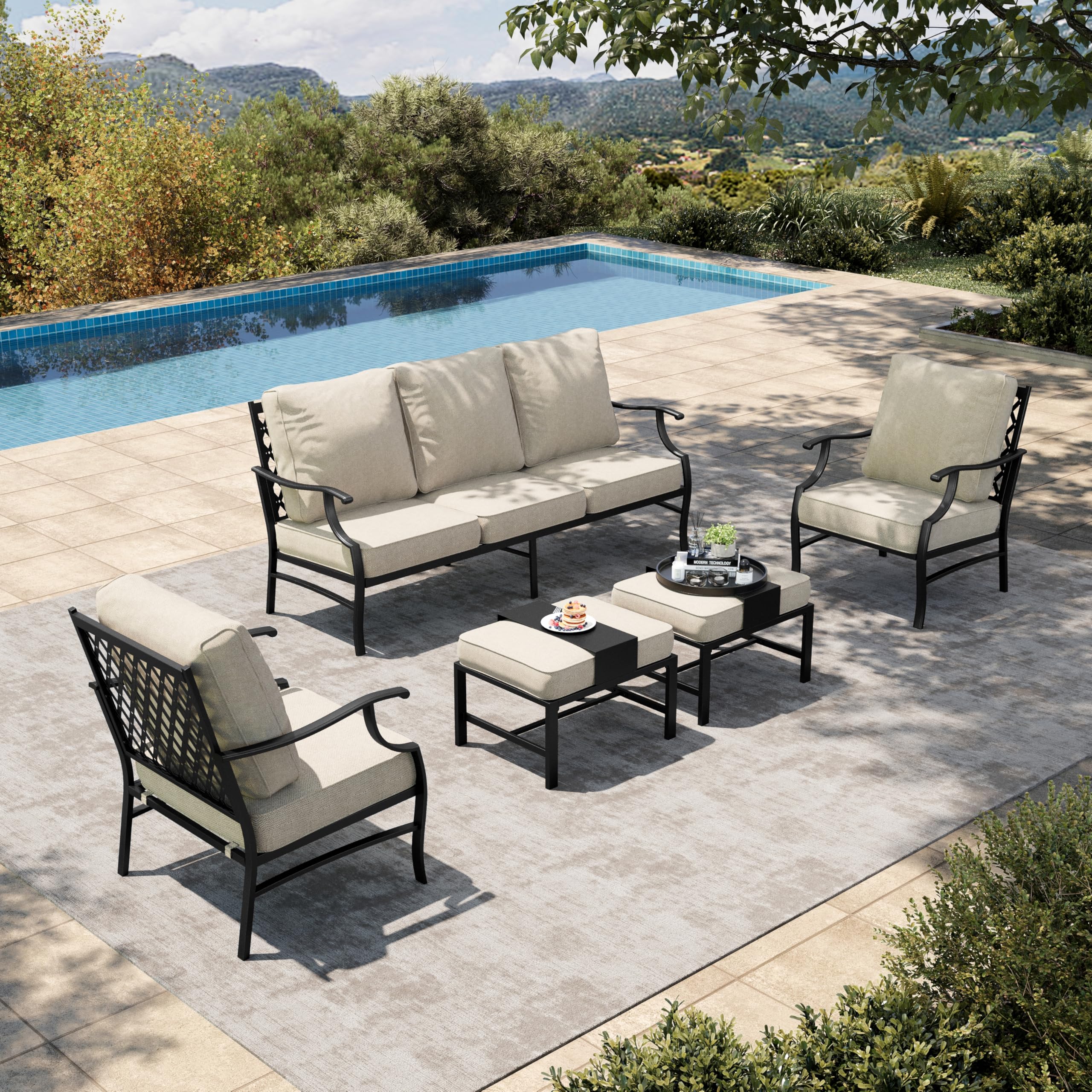 5 Piece Patio Furniture Set, 2 x Cushioned Metal Chair, 2 x Ottoman, 1 x 3-Seat Sofa, All Cushioned 7 Seats Outdoor Conversation Set for Lawn Garden Backyard