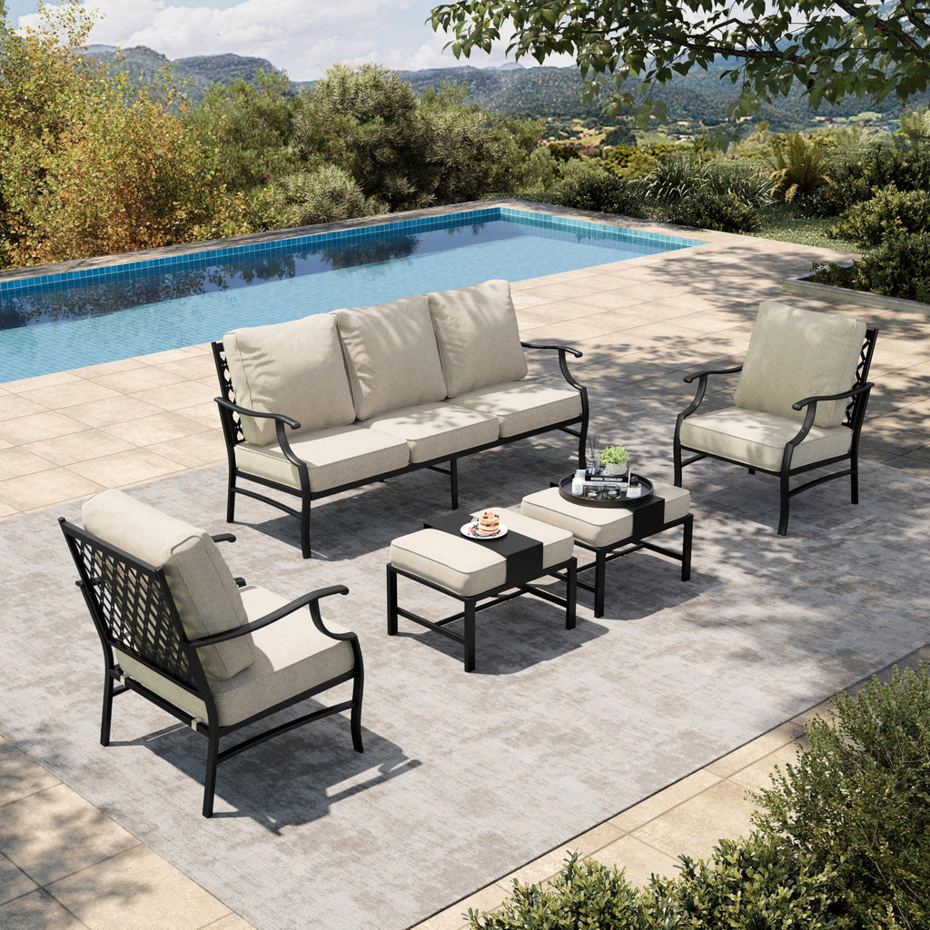 5 Piece Patio Furniture Set, 2 x Cushioned Metal Chair, 2 x Ottoman, 1 x 3-Seat Sofa, All Cushioned 7 Seats Outdoor Conversation Set for Lawn Garden Backyard