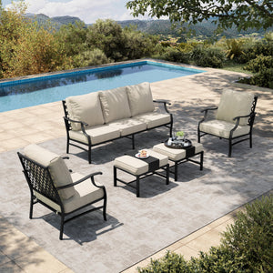 5 Piece Patio Furniture Set, 2 x Cushioned Metal Chair, 2 x Ottoman, 1 x 3-Seat Sofa, All Cushioned 7 Seats Outdoor Conversation Set for Lawn Garden Backyard