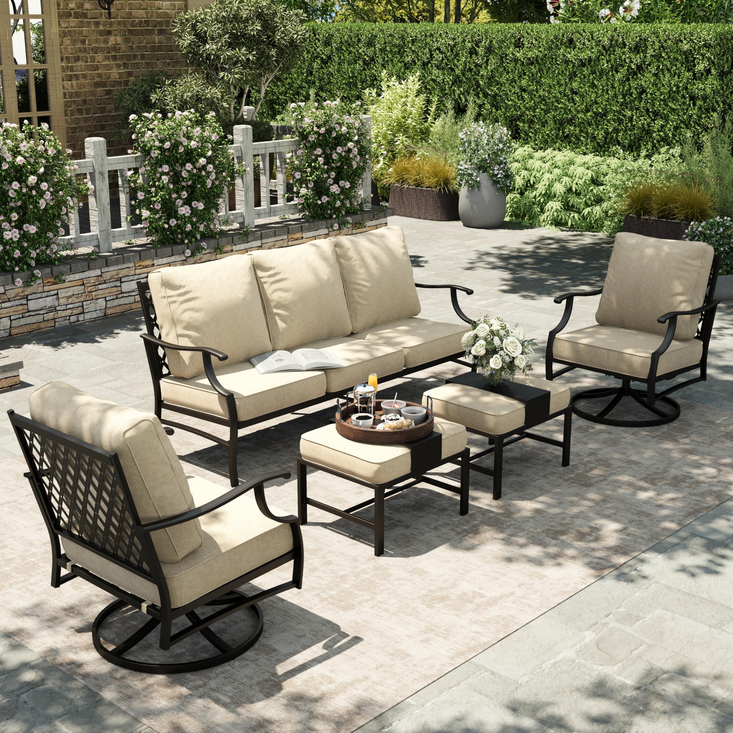 5 Piece Patio Furniture Set, 2 x Swivel Chair, 2 x Ottoman, 1 x 3-Seat Sofa, All Cushioned 7 Seats Outdoor Conversation Set for Lawn Garden Backyard