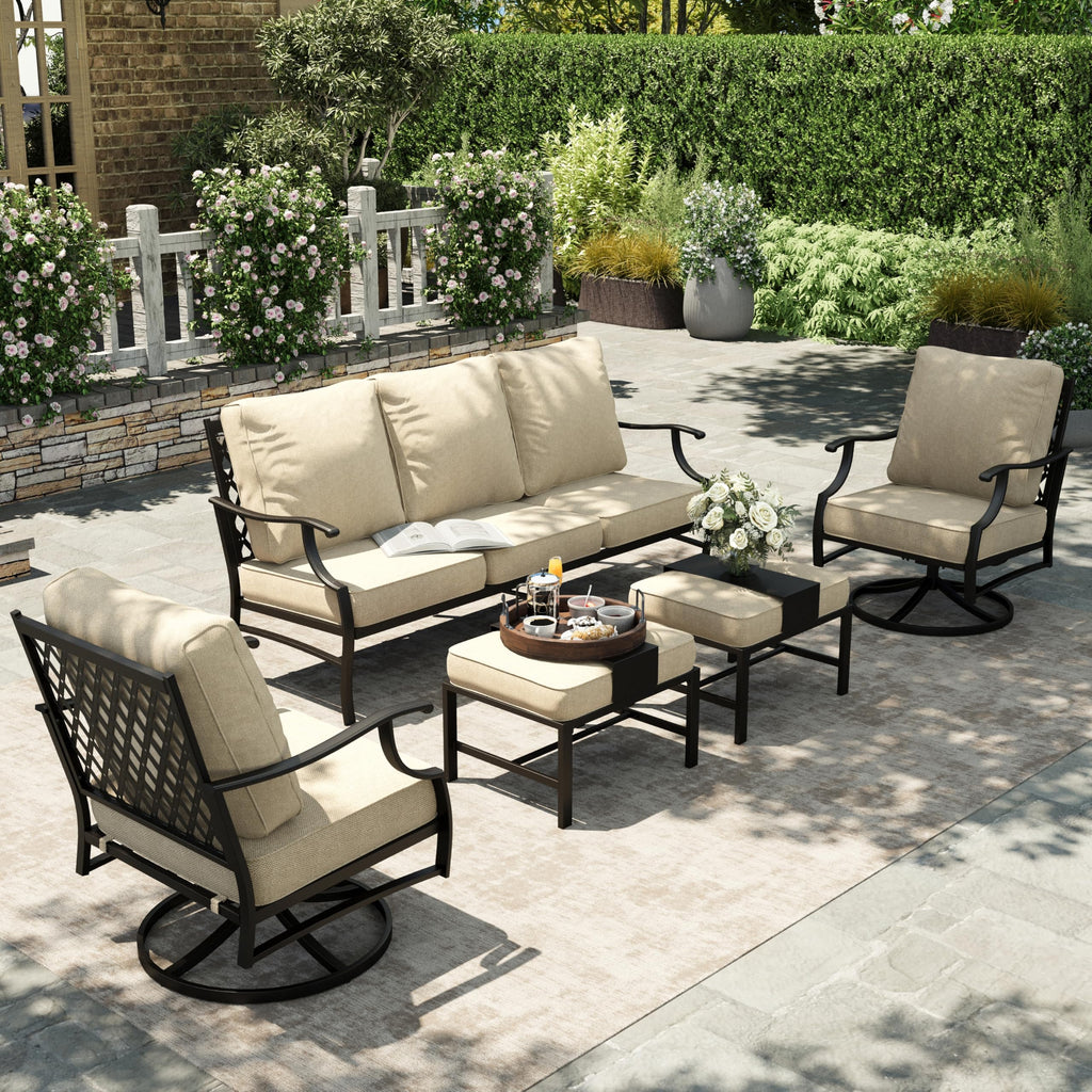 5 Piece Patio Furniture Set, 2 x Swivel Chair, 2 x Ottoman, 1 x 3-Seat Sofa, All Cushioned 7 Seats Outdoor Conversation Set for Lawn Garden Backyard