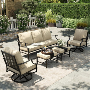 5 Piece Patio Furniture Set, 2 x Swivel Chair, 2 x Ottoman, 1 x 3-Seat Sofa, All Cushioned 7 Seats Outdoor Conversation Set for Lawn Garden Backyard