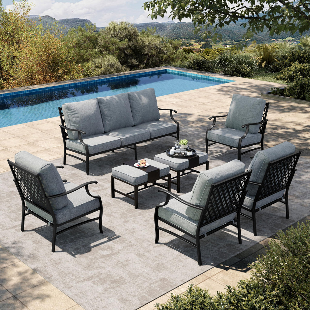 7 Piece Patio Furniture Set, 4 x Metal Cushioned Chair, 2 x Cushioned Ottoman, 1 x 3-Seat Sofa, Outdoor Conversation Set for Lawn Garden Backyard, Grey