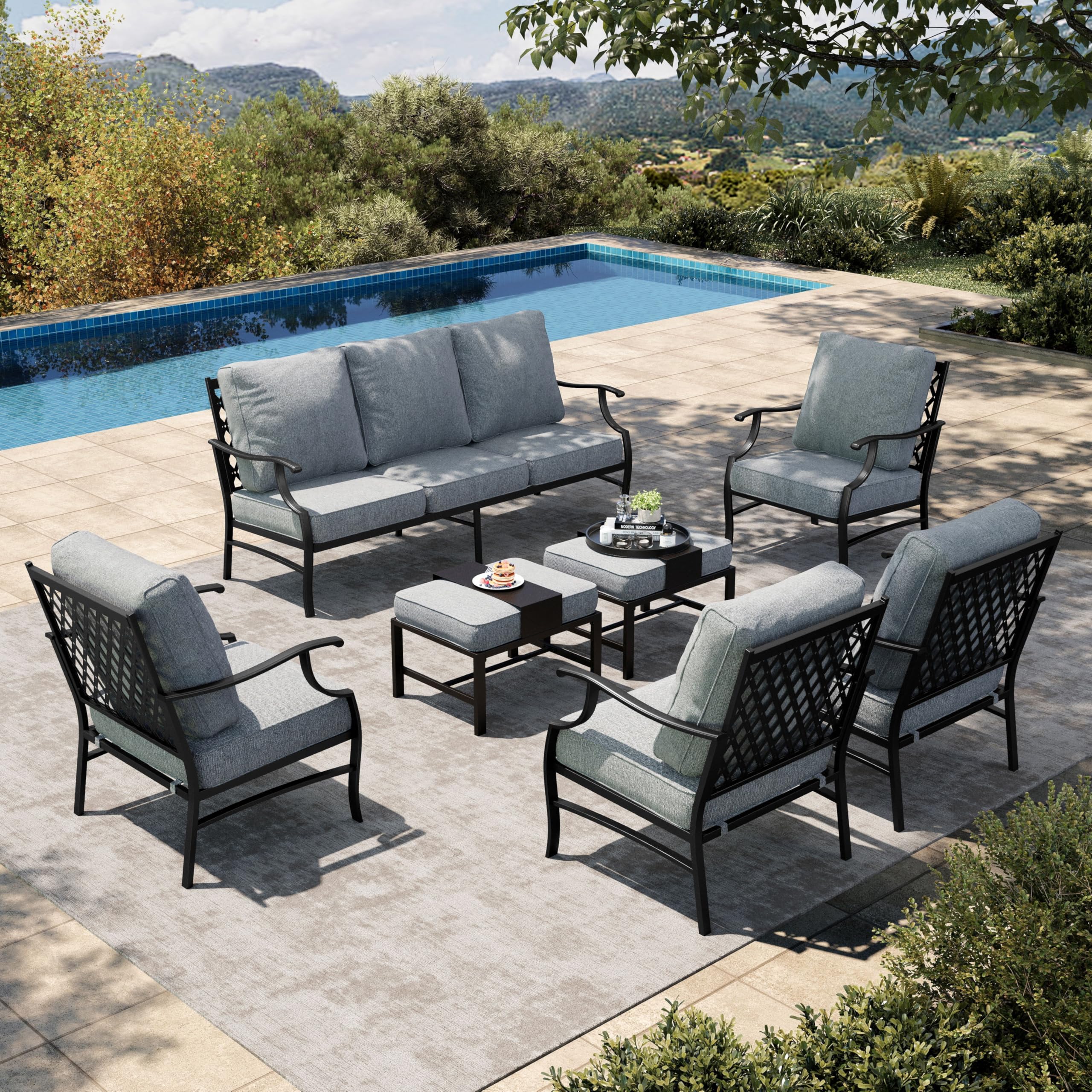 7 Piece Patio Furniture Set, 4 x Metal Cushioned Chair, 2 x Cushioned Ottoman, 1 x 3-Seat Sofa, Outdoor Conversation Set for Lawn Garden Backyard, Grey