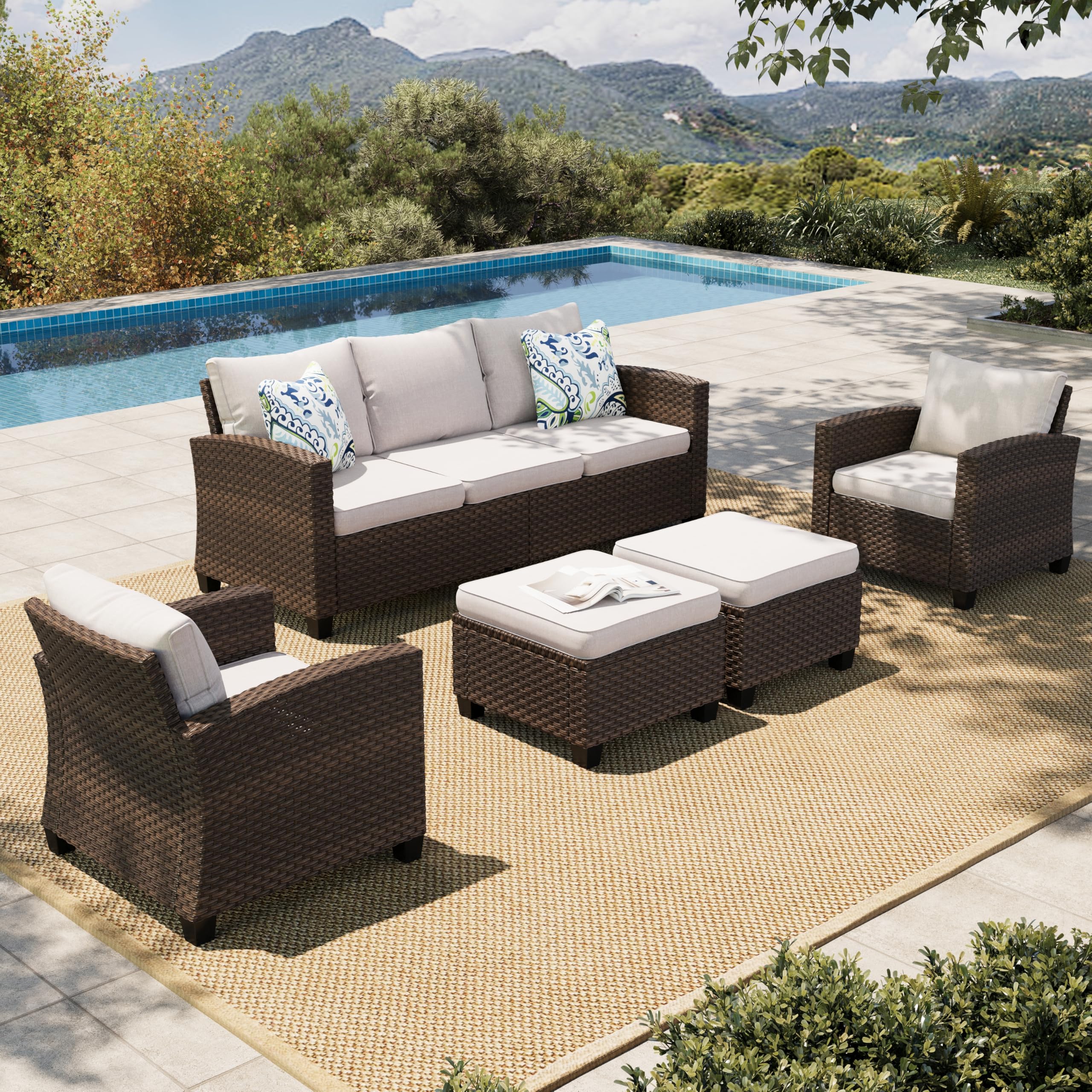 Patio Furniture Set, 5 Pieces Outdoor Wicker Furniture, All Weather Rattan Patio Conversation Set, Deep Seating Outdoor Sofa Sets for Lawn Deck Backyard, Brown/Beige