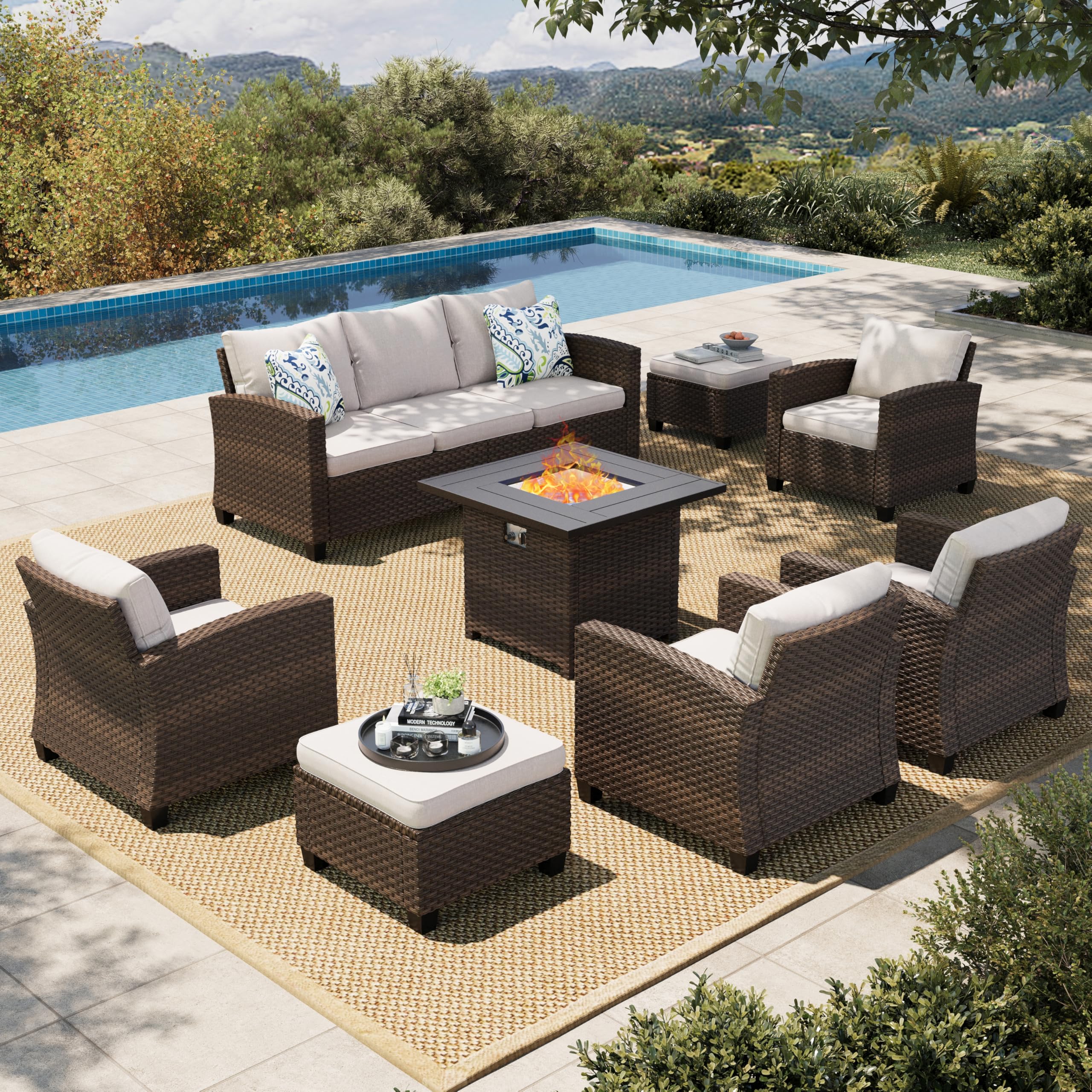 8 Pieces Wicker Patio Furniture Set with Fire Pit Table, 4 x Single Chair, 2 x Ottoman, 3-Seat Sofa and 32" Fire Pit Table, Outdoor Rattan Conversation Set for Garden, Poolside, Backyard