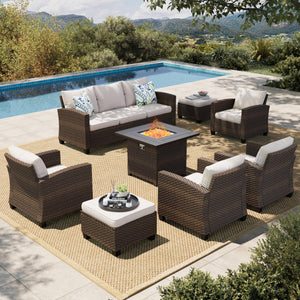 8 Pieces Wicker Patio Furniture Set with Fire Pit Table, 4 x Single Chair, 2 x Ottoman, 3-Seat Sofa and 32