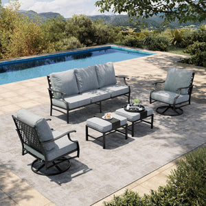 5 Piece Patio Furniture Set, 2 x Swivel Chair, 2 x Ottoman, 1 x 3-Seat Sofa, All Cushioned Outdoor Conversation Set for Lawn Garden Backyard Deck, Grey