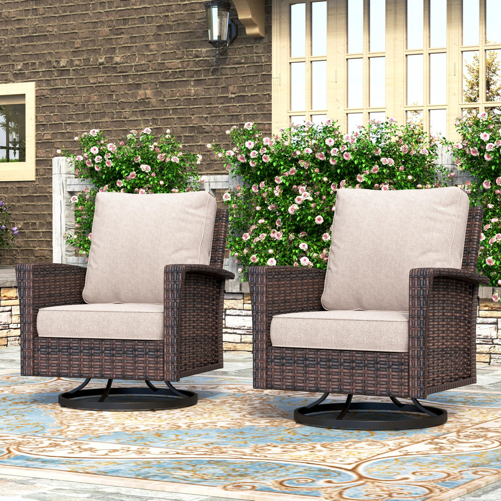 Outdoor Furniture, 2 x High Back Swivel Patio Chairs with 5.5" Cushions Wicker Rattan Deck Balcony Porch Furniture, Beige
