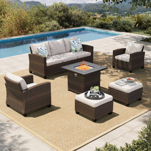 Wicker Patio Furniture Set, Outdoor Furniture with Fire Pit Table, 6 Pieces Patio Conversation Set with Ottomans, Outside Sofa Sets for Poolside Backyard, Beige