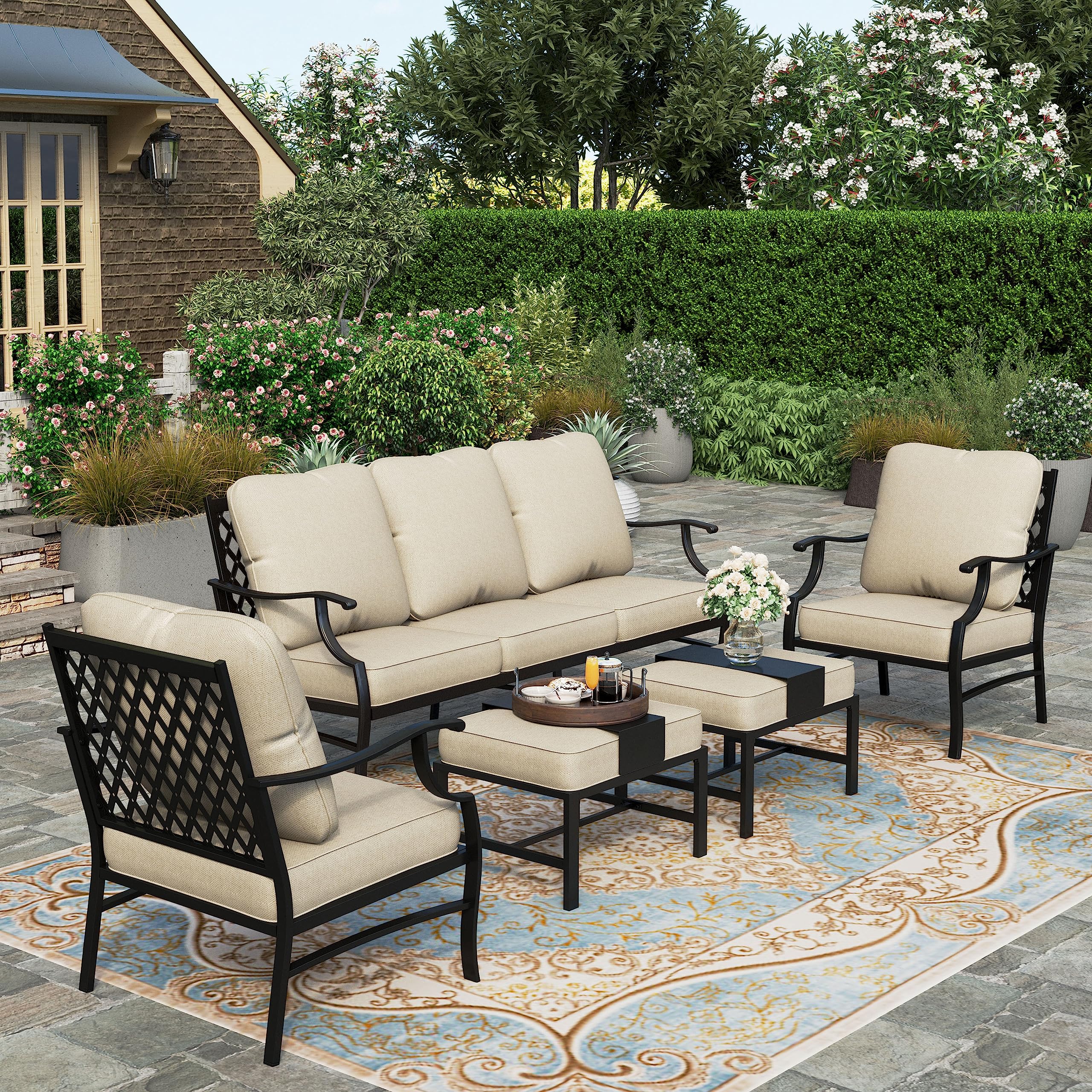 5 Piece Patio Furniture Set, 2 x Cushioned Metal Chair, 2 x Ottoman, 1 x 3-Seat Sofa, All Cushioned 7 Seats Outdoor Conversation Set for Lawn Garden Backyard