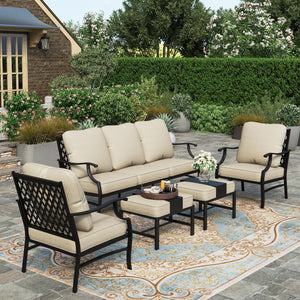 5 Piece Patio Furniture Set, 2 x Cushioned Metal Chair, 2 x Ottoman, 1 x 3-Seat Sofa, All Cushioned 7 Seats Outdoor Conversation Set for Lawn Garden Backyard