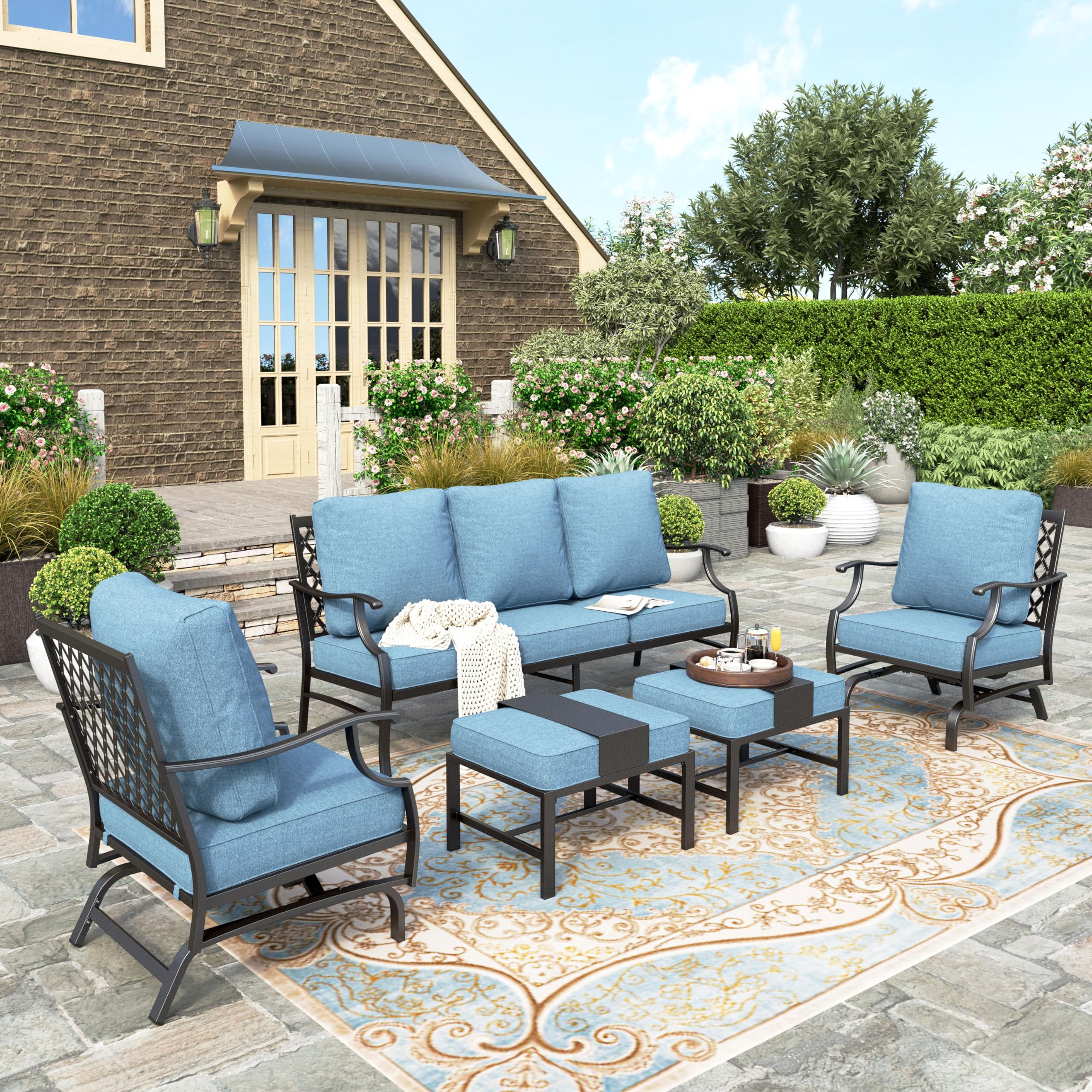 5 Pieces Patio Furniture Set, 2 x Rocking Chair, 2 x Ottoman, 1 x 3-Seat Sofa, All Cushioned 7 Seats Metal Outdoor Conversation Set for Lawn Garden Backyard