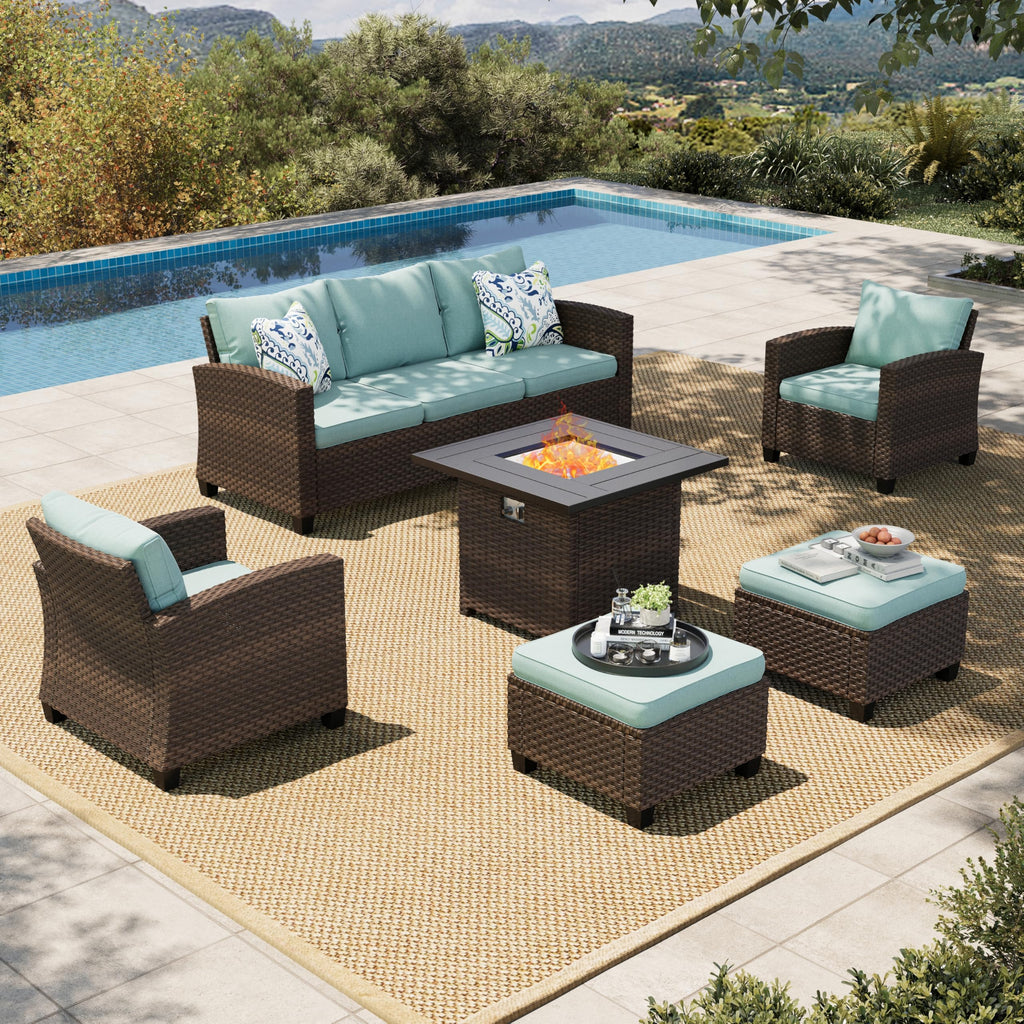 Wicker Patio Furniture Set with Fire Pit Table, 6 Pieces Outdoor Seating Furniture with Thick Cushions, 7 Seats Patio Conversation Sofa Sets, Blue