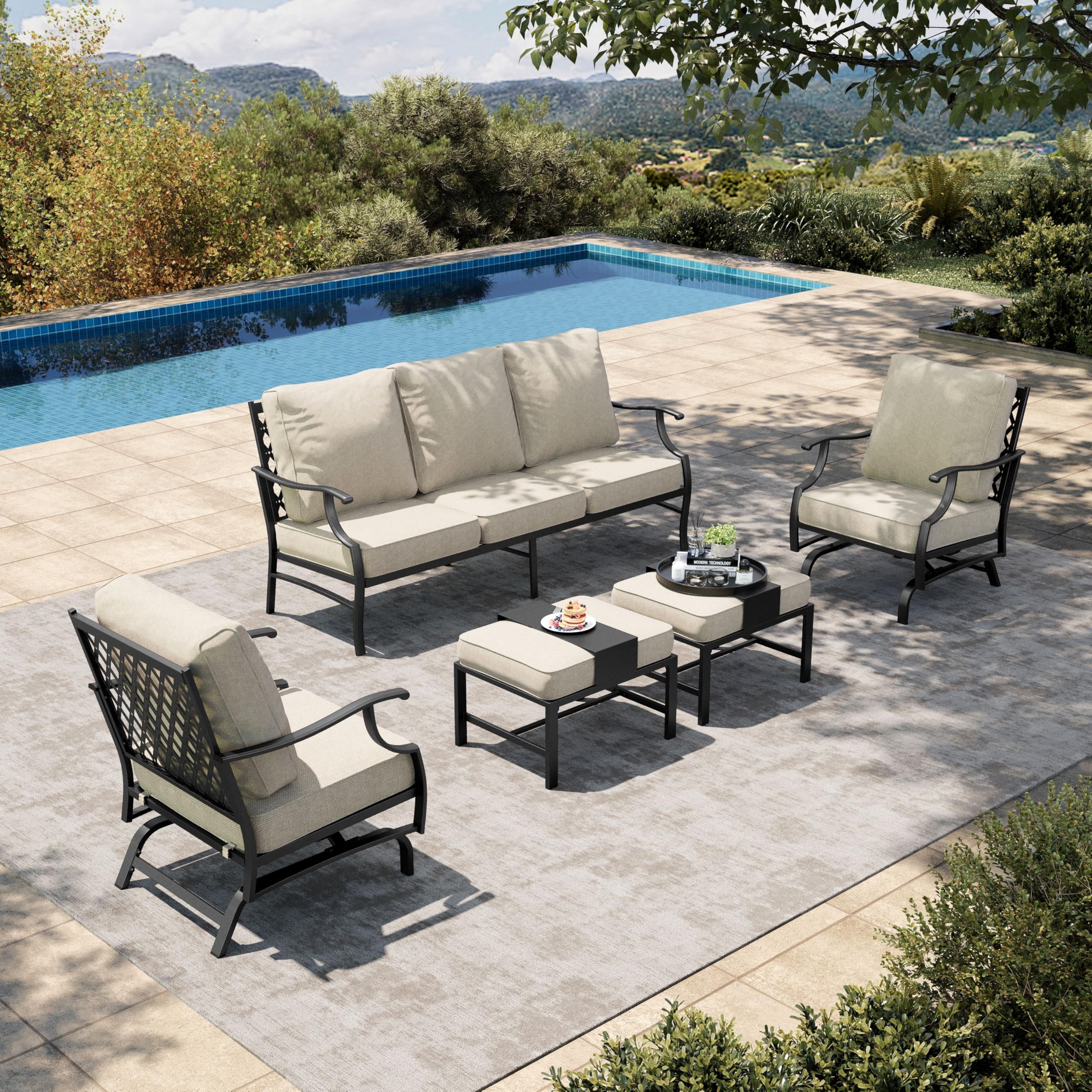 5 Pieces Patio Furniture Set, 2 x Cushioned Rocking Chair, 2 x Ottoman, 1 x 3-Seat Sofa, All Cushioned 7 Seats Outdoor Conversation Set for Lawn Garden Backyard