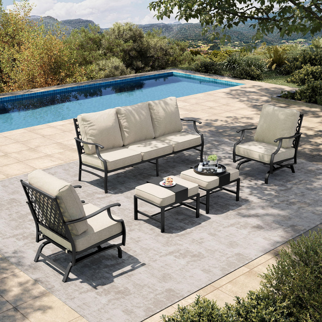 5 Pieces Patio Furniture Set, 2 x Cushioned Rocking Chair, 2 x Ottoman, 1 x 3-Seat Sofa, All Cushioned 7 Seats Outdoor Conversation Set for Lawn Garden Backyard