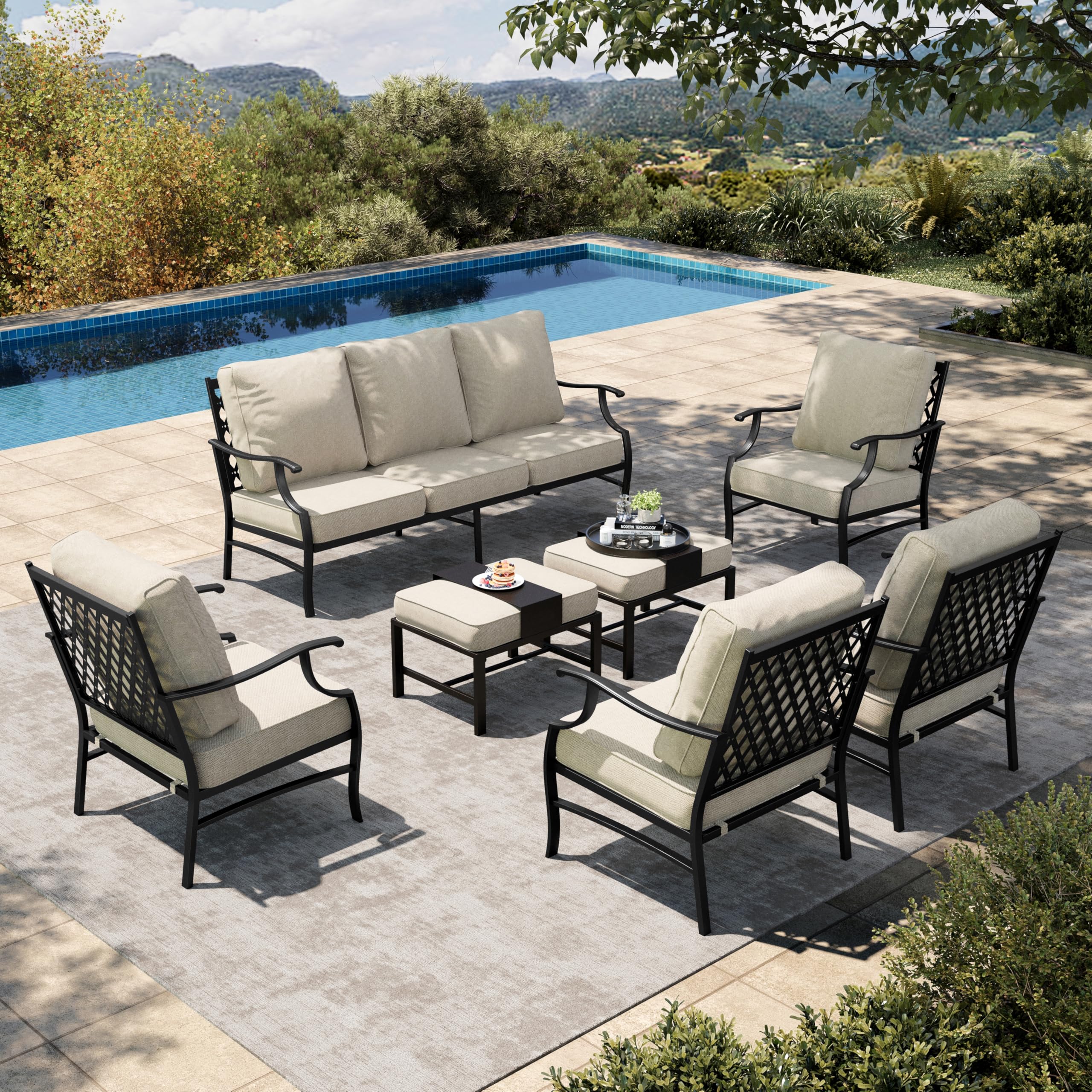 7 Piece Patio Furniture Set, 4 x Fixed Metal Cushioned Chair, 2 x Cushioned Ottoman, 1 x 3-Seat Sofa, Outdoor Conversation Set for Lawn Garden Backyard Poolside