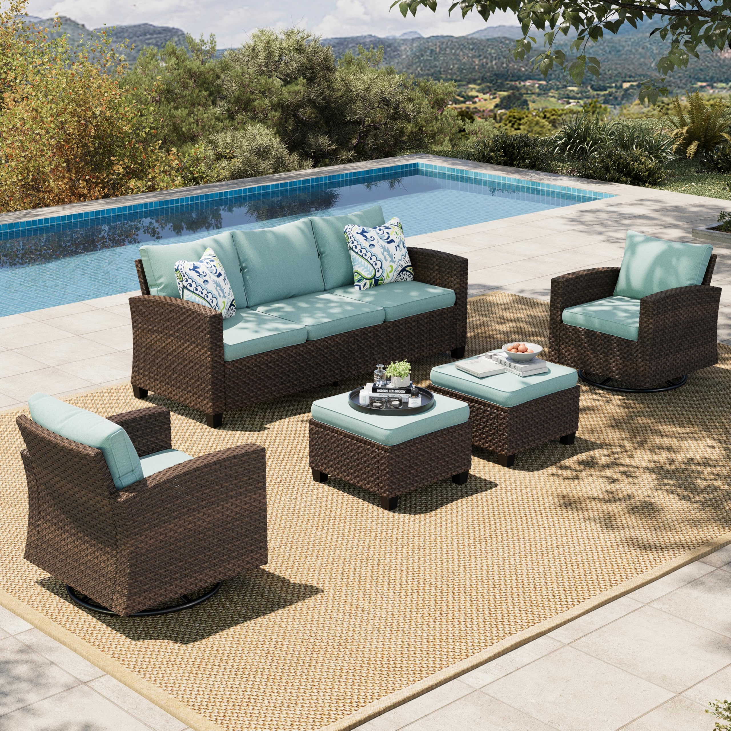 Patio Furniture Set with Swivel Glide Chairs, 5 Pieces Outdoor Conversation Sofa Sets, Deep Seating Brown Wicker Rattan Furniture Set for Lawn Deck Backyard, Blue