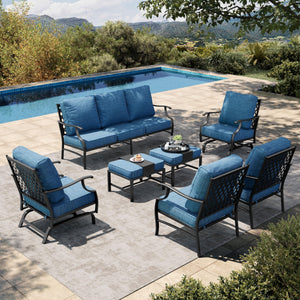 7 Piece Patio Furniture Set, 2 x Rocking Chair, 2 x Fixed Chair, 2 x Ottoman, 1 x 3-Seat Sofa, All Cushioned 9 Seats Metal Outdoor Conversation Set for Lawn Garden Backyard