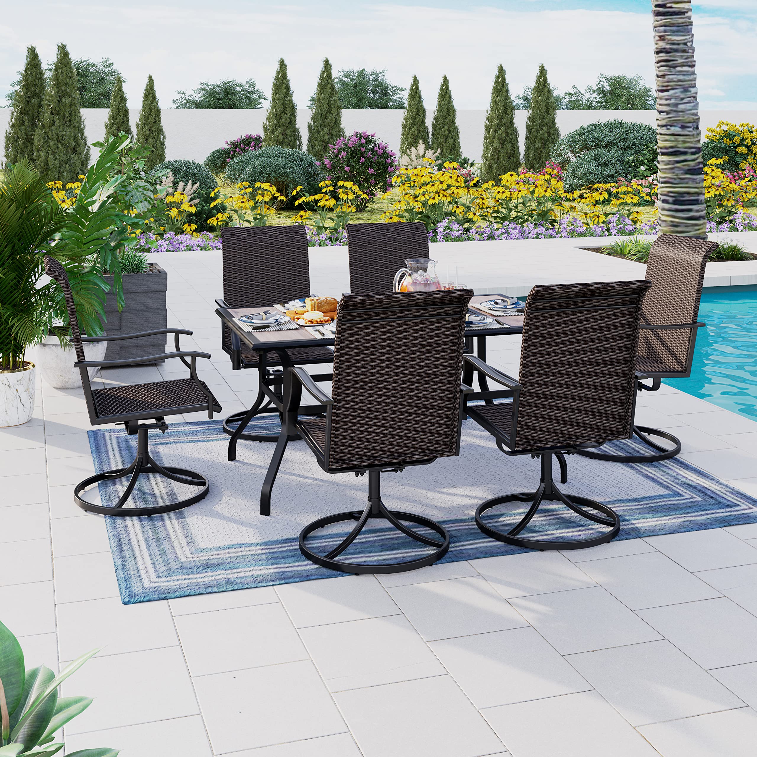 7 Pieces Patio Dining Set, Rattan Outdoor Furniture Set for 6, 6 x Swivel Dining Chair, 1 x Large Surface Wood Like Dining Table, All Weather Resistant for Lawn Garden Backyard Deck