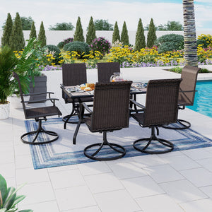 7 Pieces Patio Dining Set, Rattan Outdoor Furniture Set for 6, 6 x Swivel Dining Chair, 1 x Large Surface Wood Like Dining Table, All Weather Resistant for Lawn Garden Backyard Deck