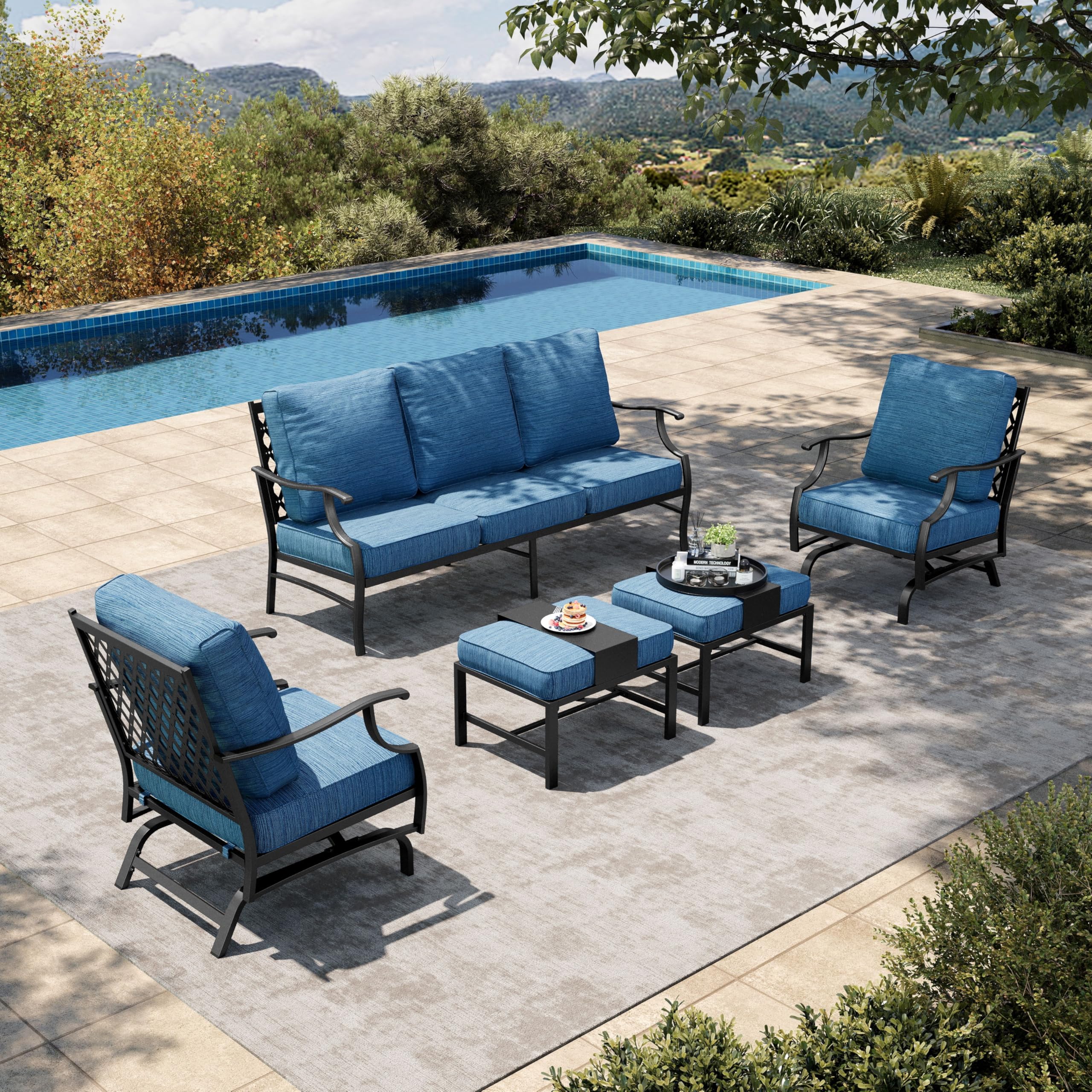5 Pieces Patio Furniture Set, 2 x Rocking Chair, 2 x Ottoman, 1 x 3-Seat Sofa, All Cushioned 7 Seats Metal Outdoor Conversation Set for Lawn Garden Backyard