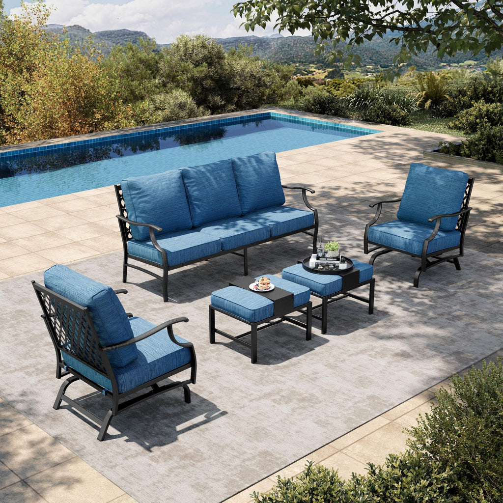 5 Pieces Patio Furniture Set, 2 x Rocking Chair, 2 x Ottoman, 1 x 3-Seat Sofa, All Cushioned 7 Seats Metal Outdoor Conversation Set for Lawn Garden Backyard
