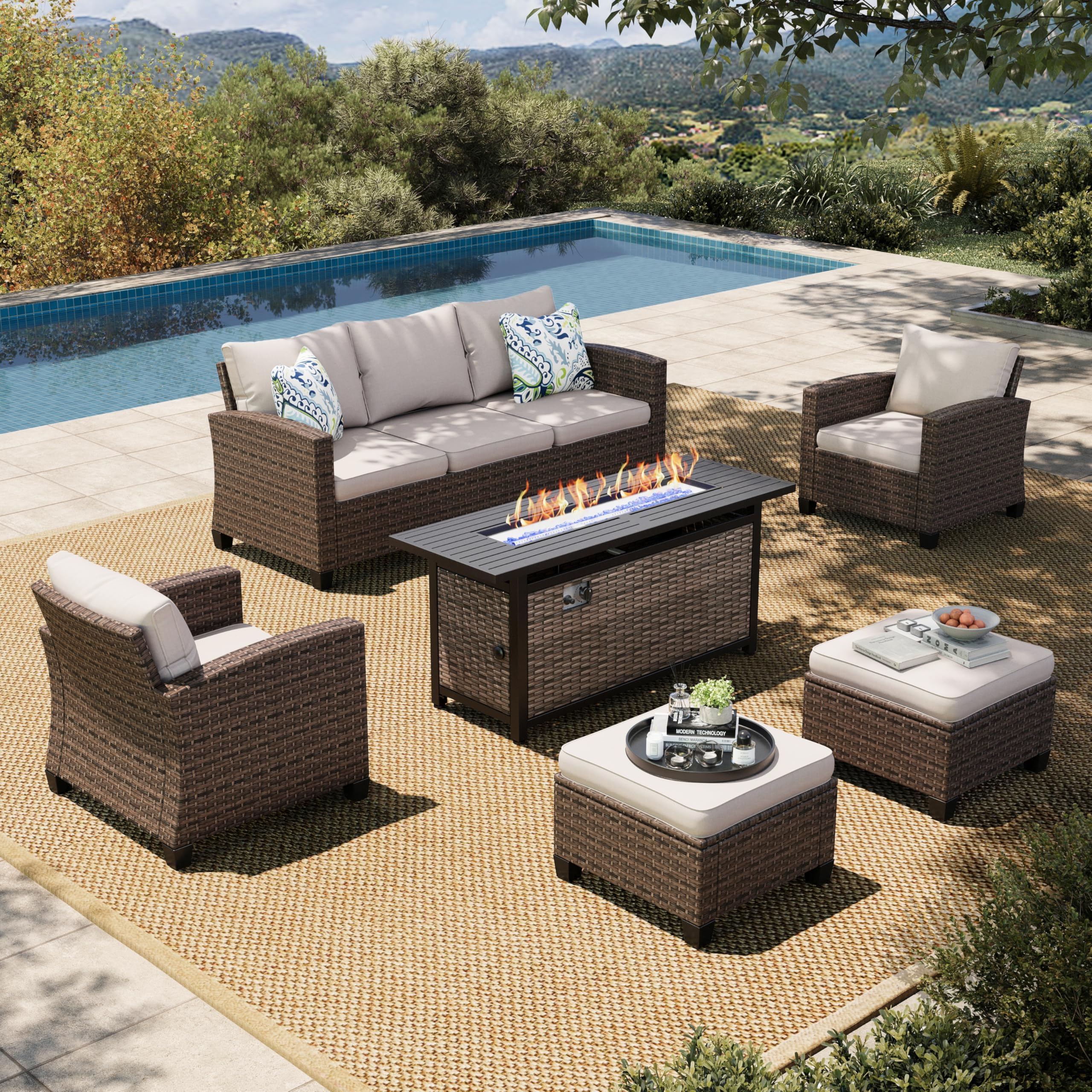 Patio Furniture Set with 56" Fire Pit Table, Outdoor Patio Conversation Sets, 6 Pieces 7 Seats Wicker Outside Sectional Sofa Set for Lawn Backyard Deck